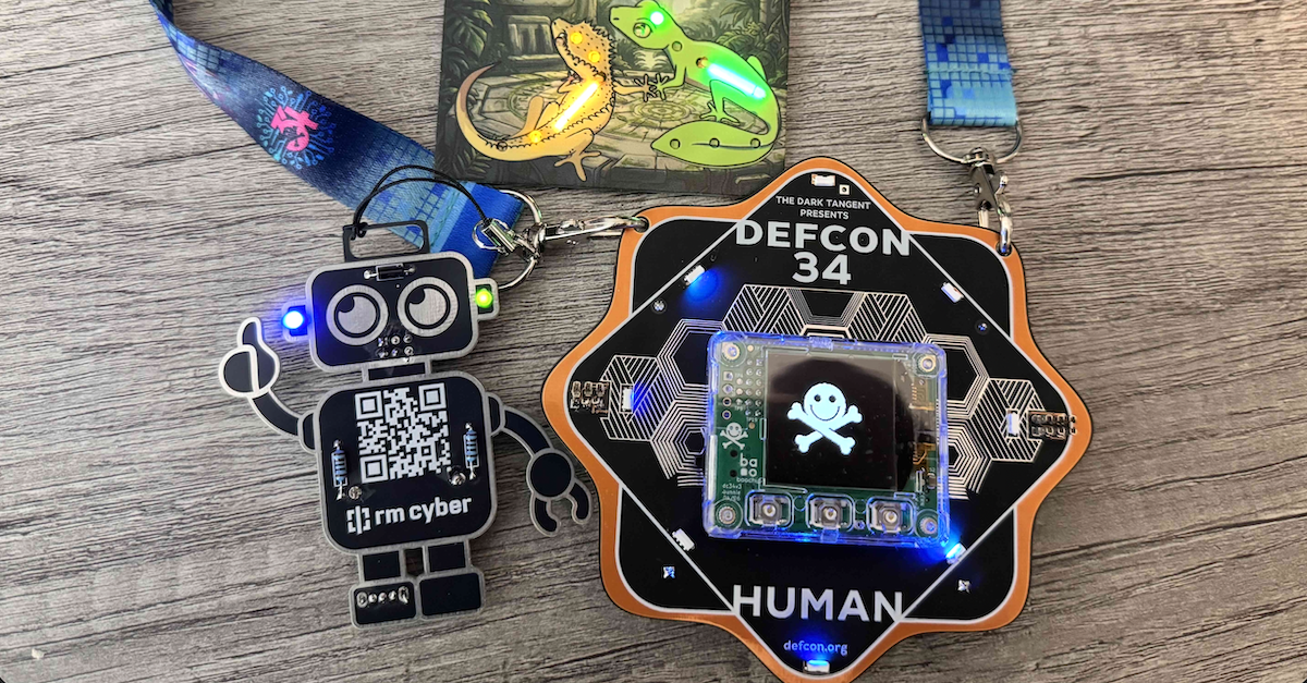 DEF CON 34 badge, SAO, and lanyard